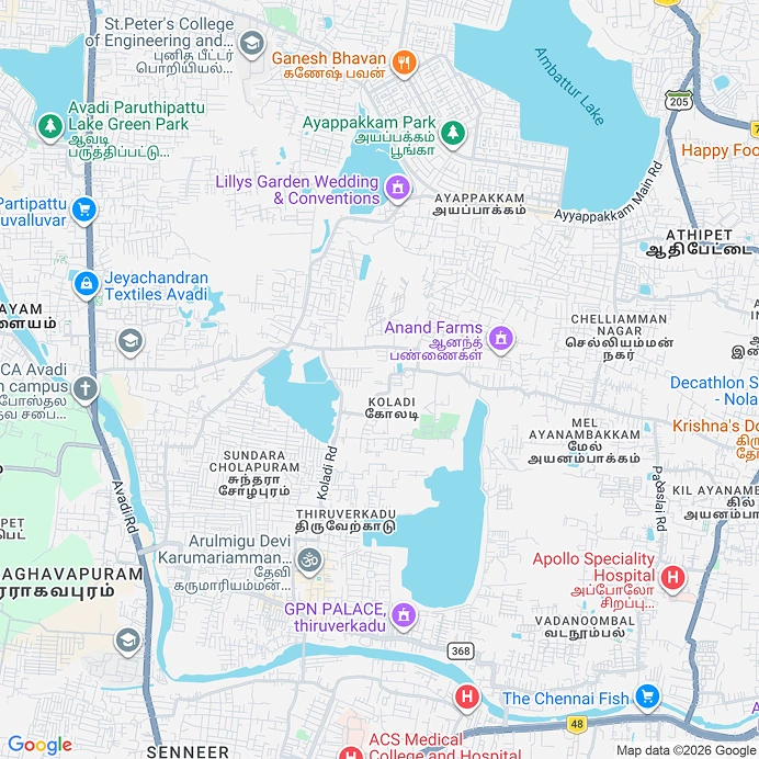Map of Thiruverkadu and nearby Ambattur Lake, Ayappakkam, Ayanambakkam and Poonamallee High Road