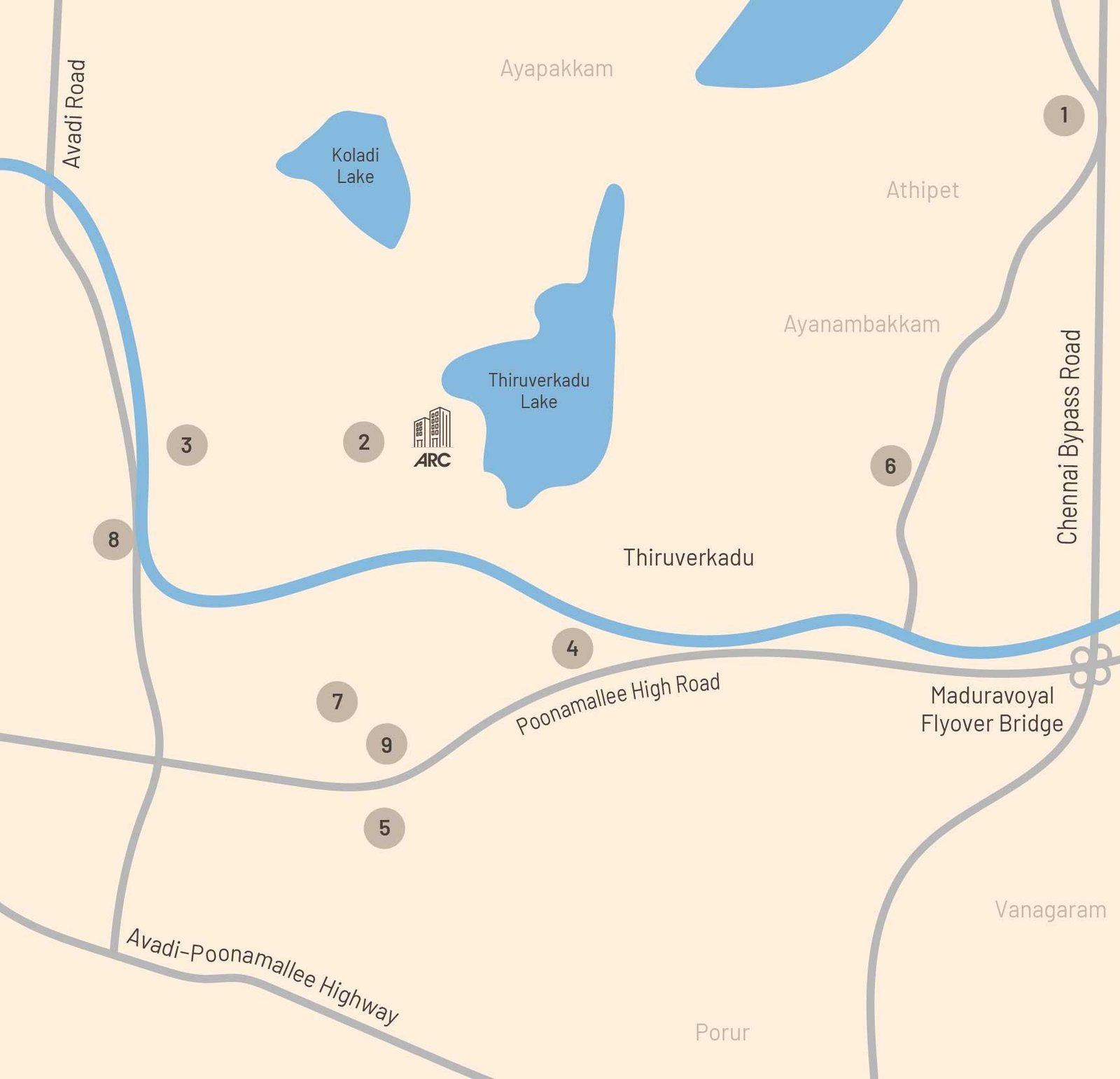 Route map of ARC, Thiruverkadu — nearby roads, lakes and landmarks